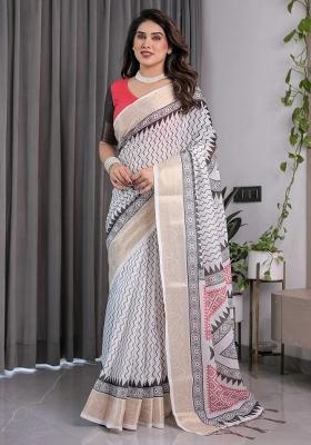 Ivory Embroidered Linen Saree Set