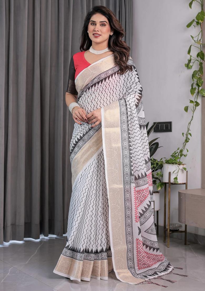 Ivory Embroidered Linen Saree Set