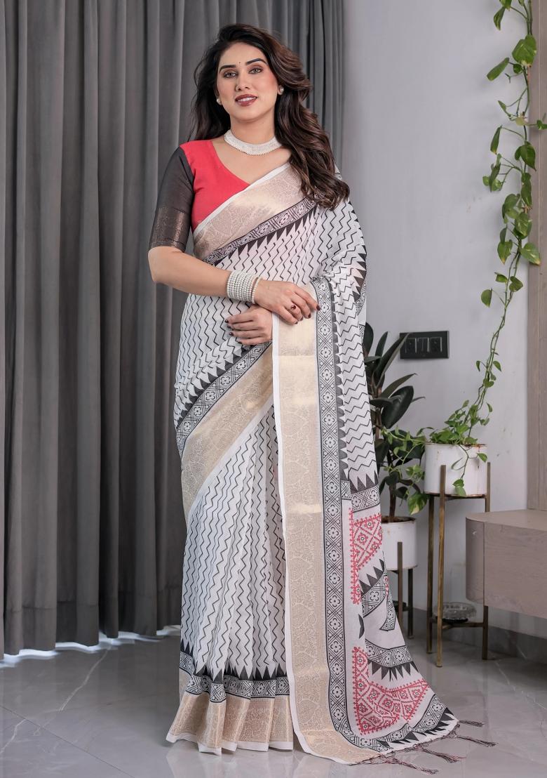 Ivory Embroidered Linen Saree Set