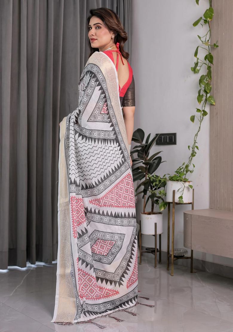 Ivory Embroidered Linen Saree Set
