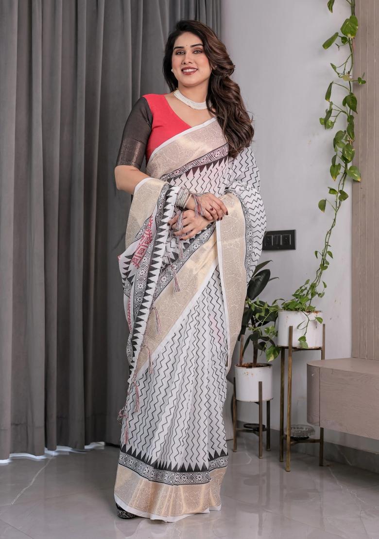 Ivory Embroidered Linen Saree Set - Indya