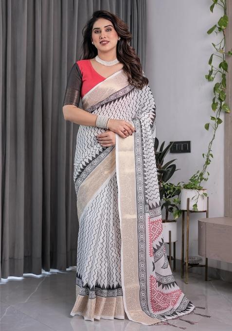 Ivory Embroidered Linen Saree Set