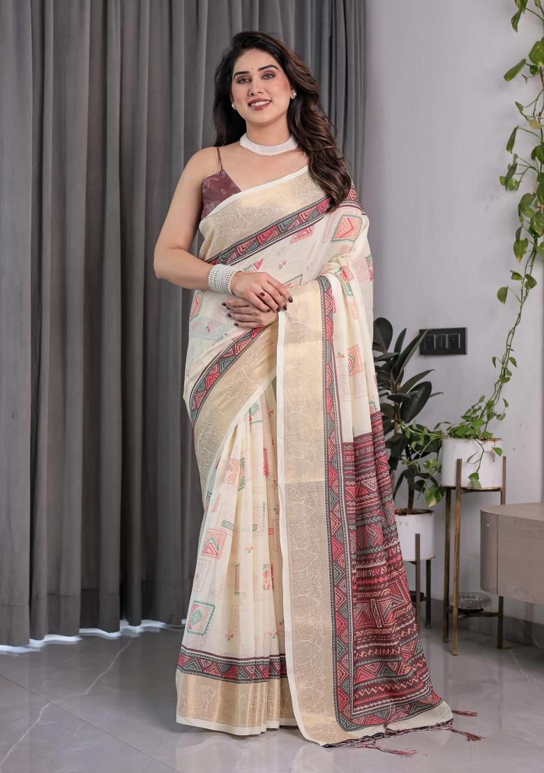 Ivory Embroidered Linen Saree Set