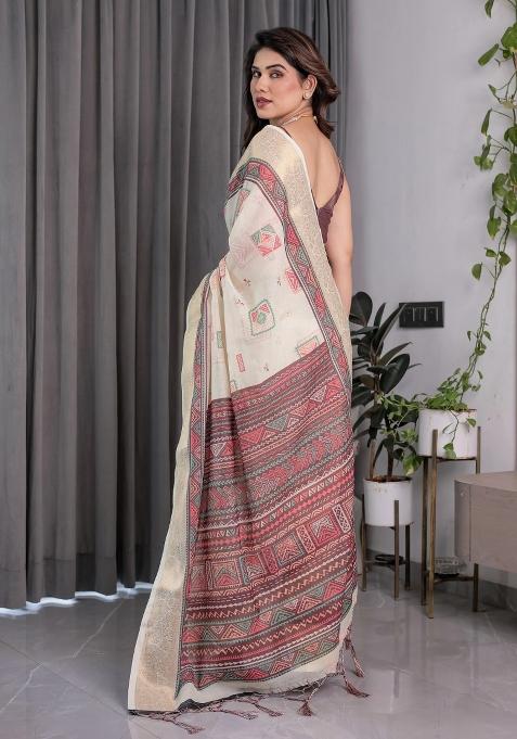 Ivory Embroidered Linen Saree Set