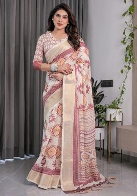 Beige Embroidered Linen Saree Set
