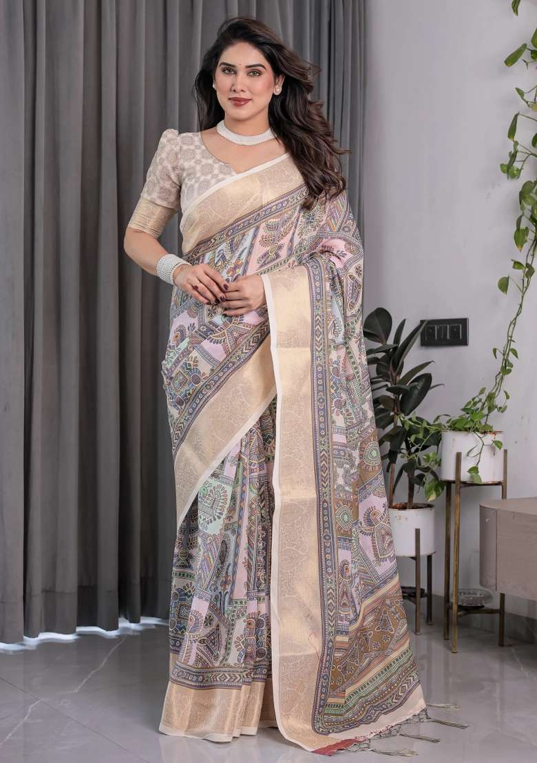 Beige Embroidered Linen Saree Set - Indya