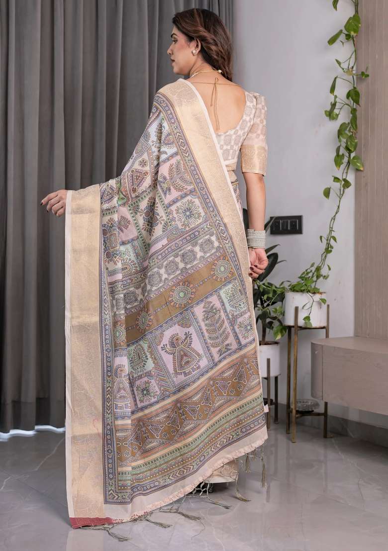 Beige Embroidered Linen Saree Set - Indya
