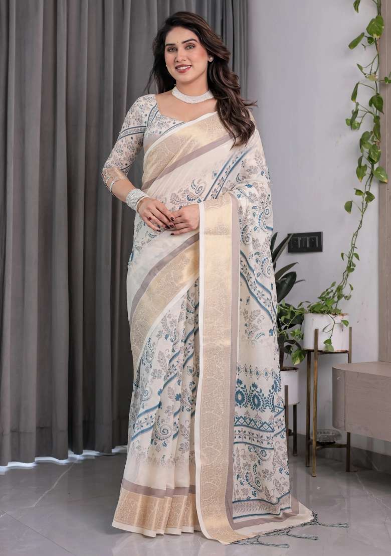 Beige Embroidered Linen Saree Set - Indya