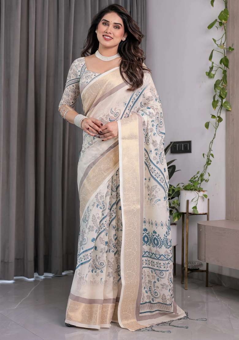Beige Embroidered Linen Saree Set - Indya