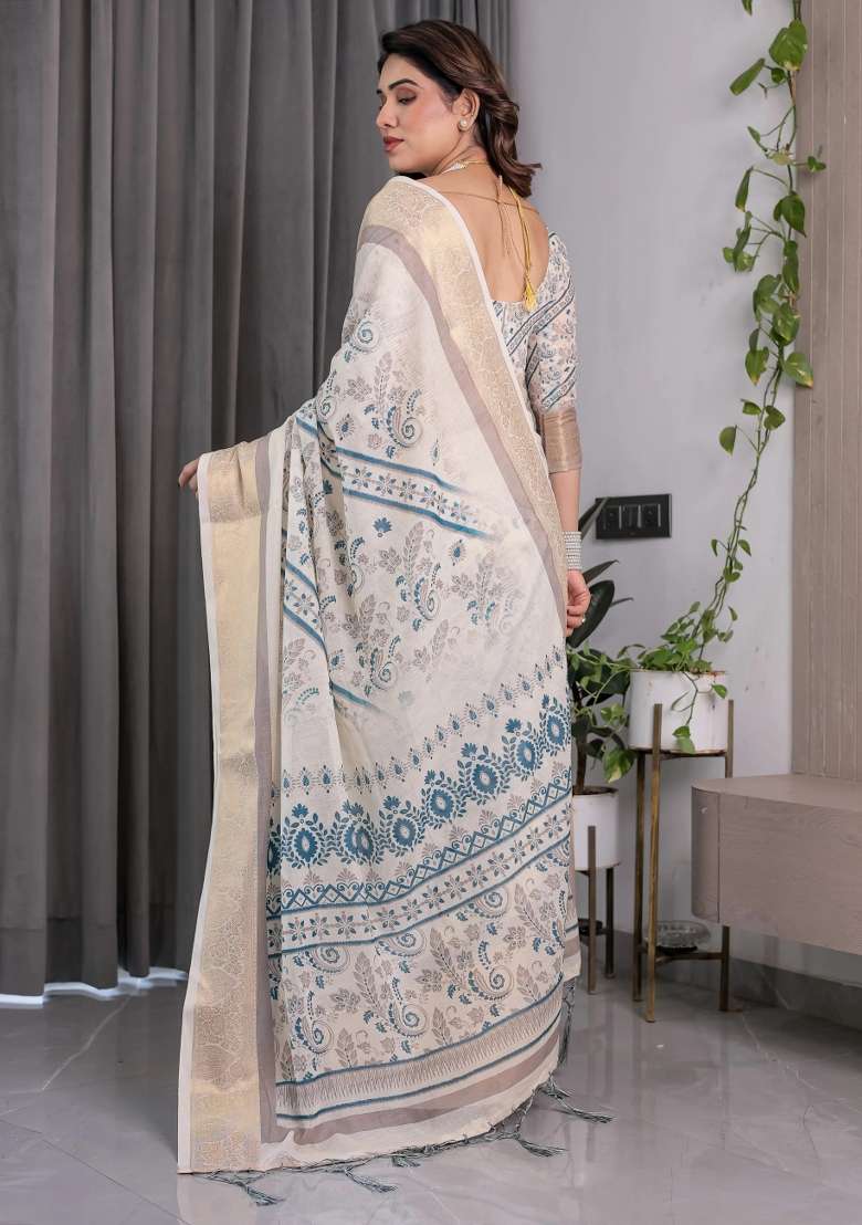 Beige Embroidered Linen Saree Set - Indya