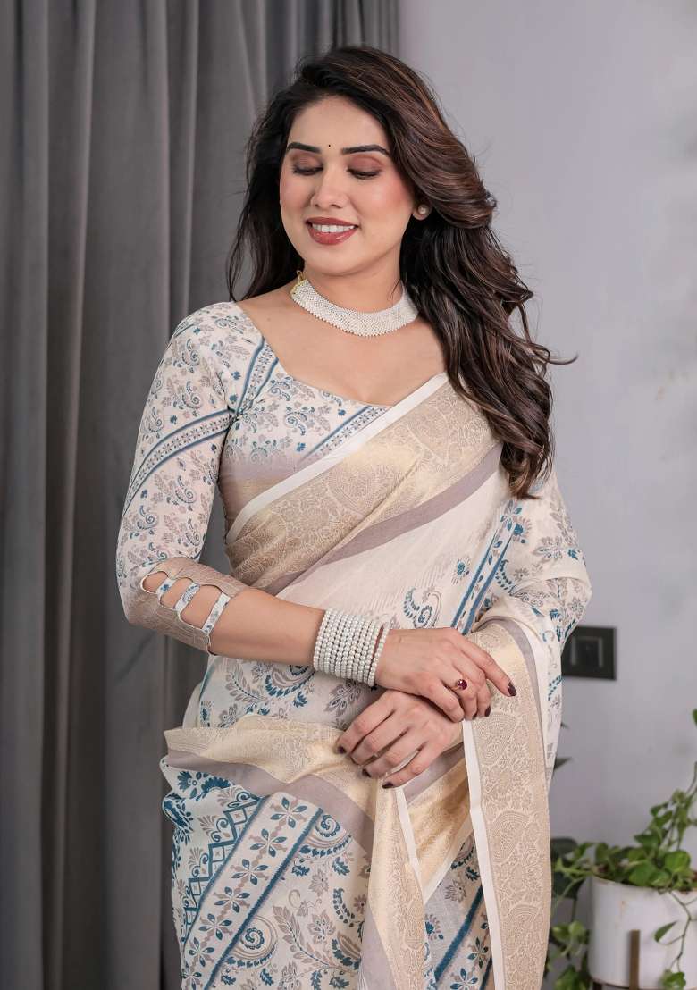 Beige Embroidered Linen Saree Set - Indya