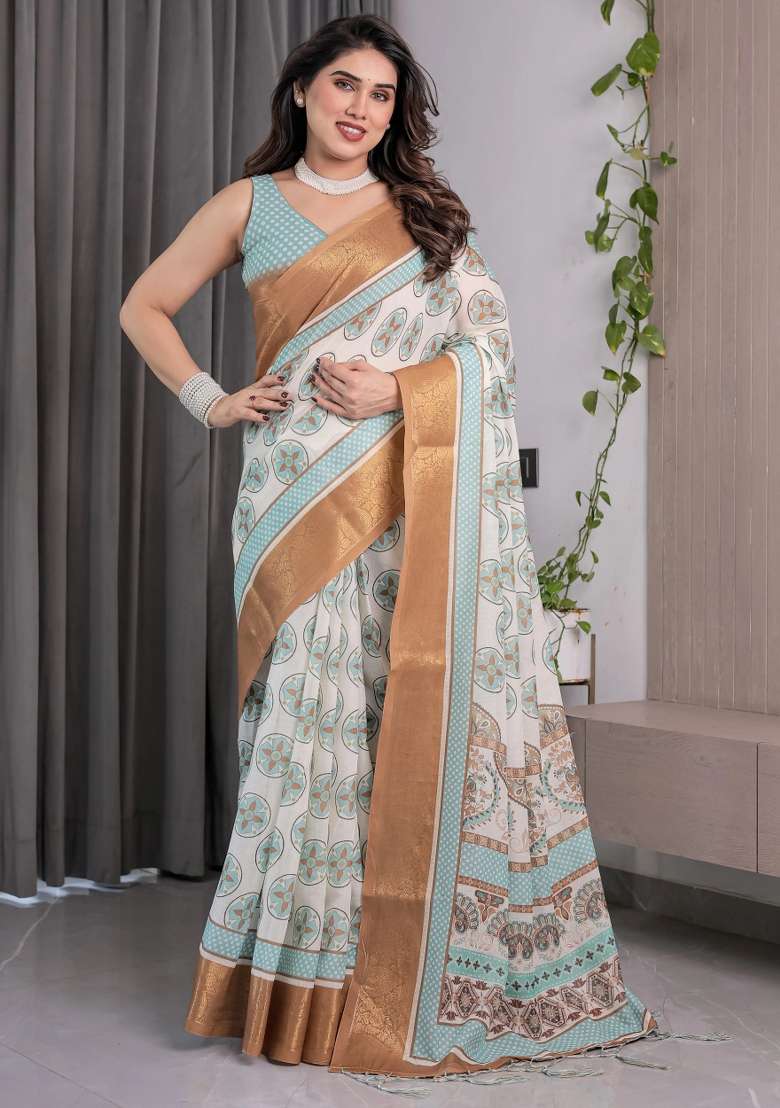 Ivory Embroidered Linen Saree Set - Indya