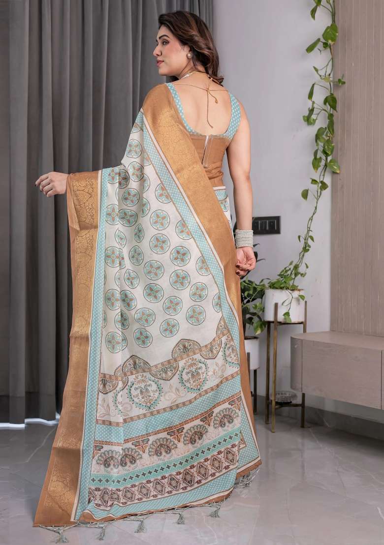 Ivory Embroidered Linen Saree Set - Indya