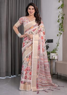 Cream Embroidered Linen Saree Set