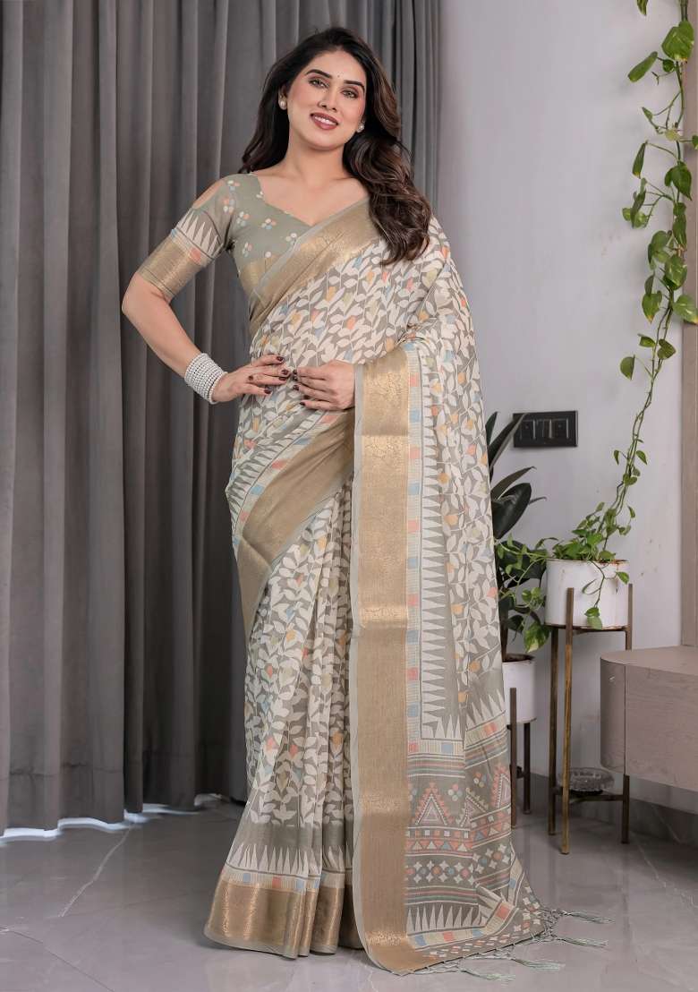 Beige Embroidered Linen Saree Set - Indya