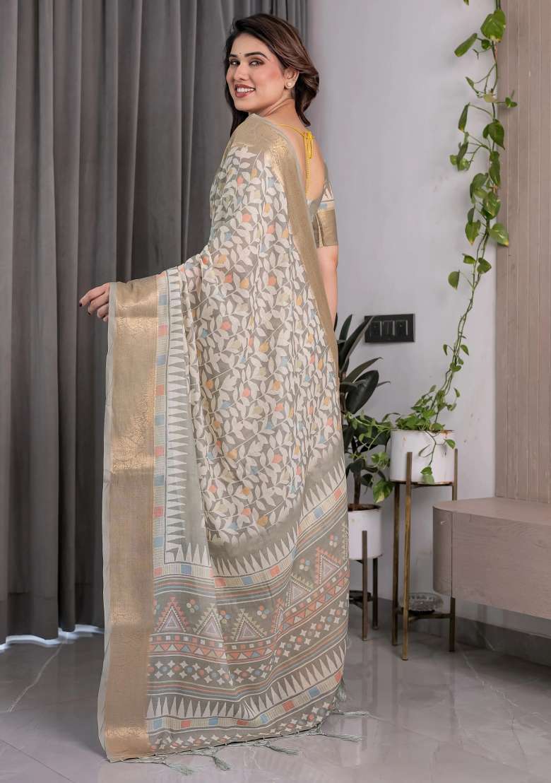 Beige Embroidered Linen Saree Set - Indya