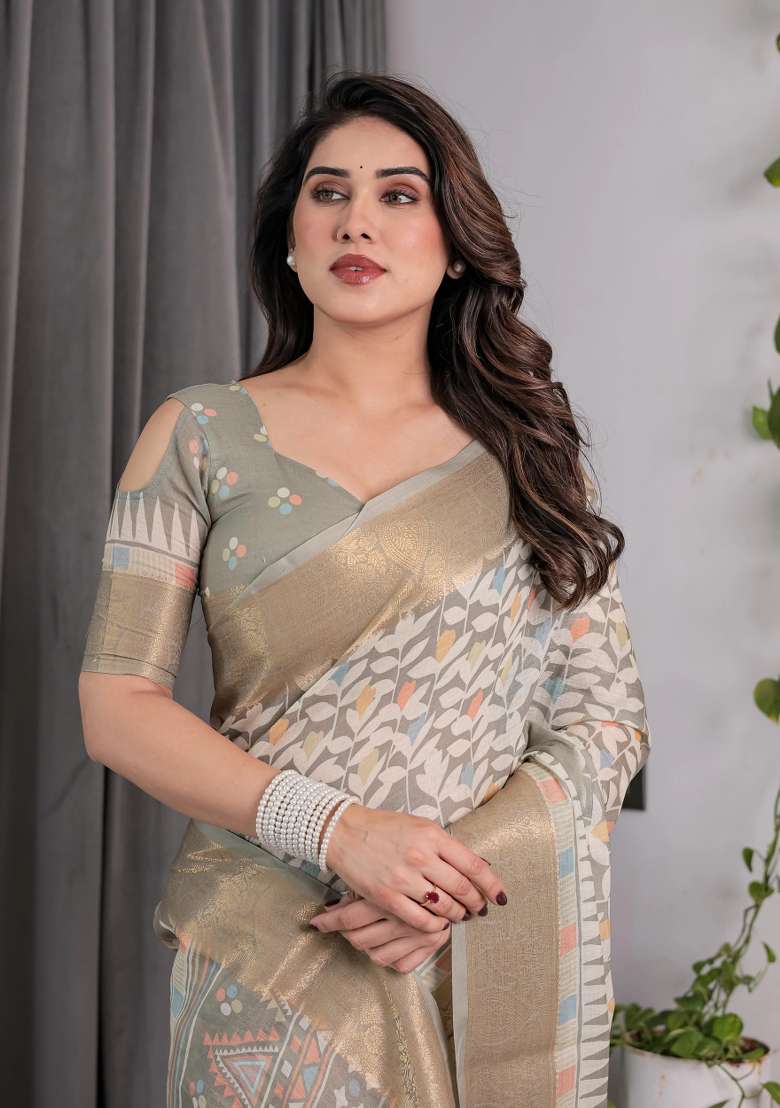 Beige Embroidered Linen Saree Set - Indya