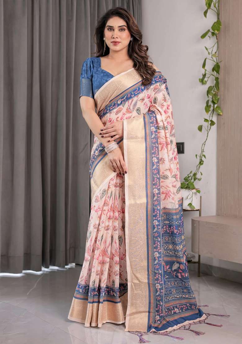 Pink Embroidered Linen Saree Set - Indya