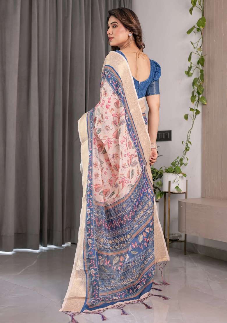 Pink Embroidered Linen Saree Set - Indya