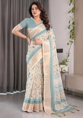 White Embroidered Linen Saree Set
