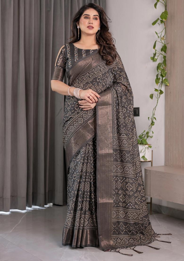 Black Embroidered Linen Saree Set - Indya