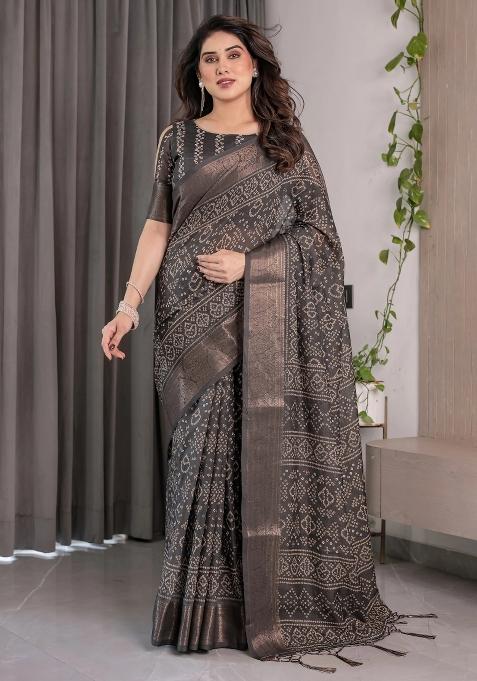 Black Embroidered Linen Saree Set
