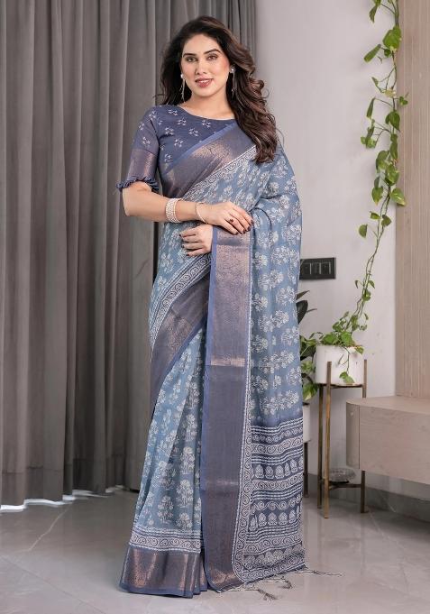 Blue Embroidered Linen Saree Set