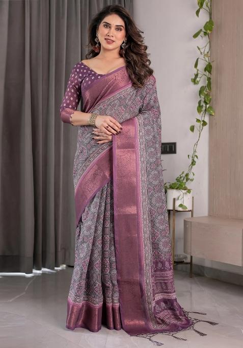 Purple Embroidered Linen Saree Set