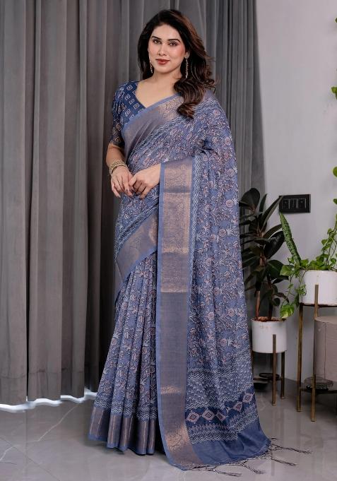 Blue Embroidered Linen Saree Set