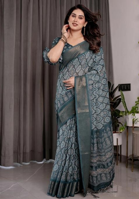 Blue Embroidered Linen Saree Set