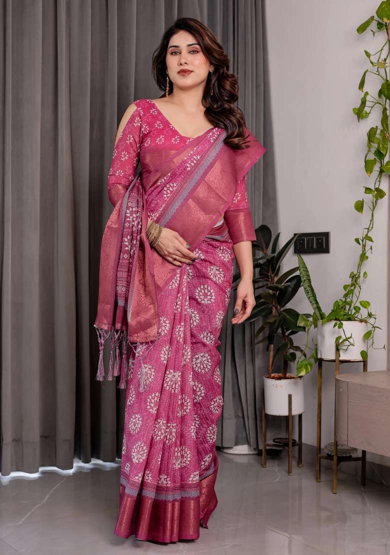 Pink Embroidered Linen Saree Set - Indya