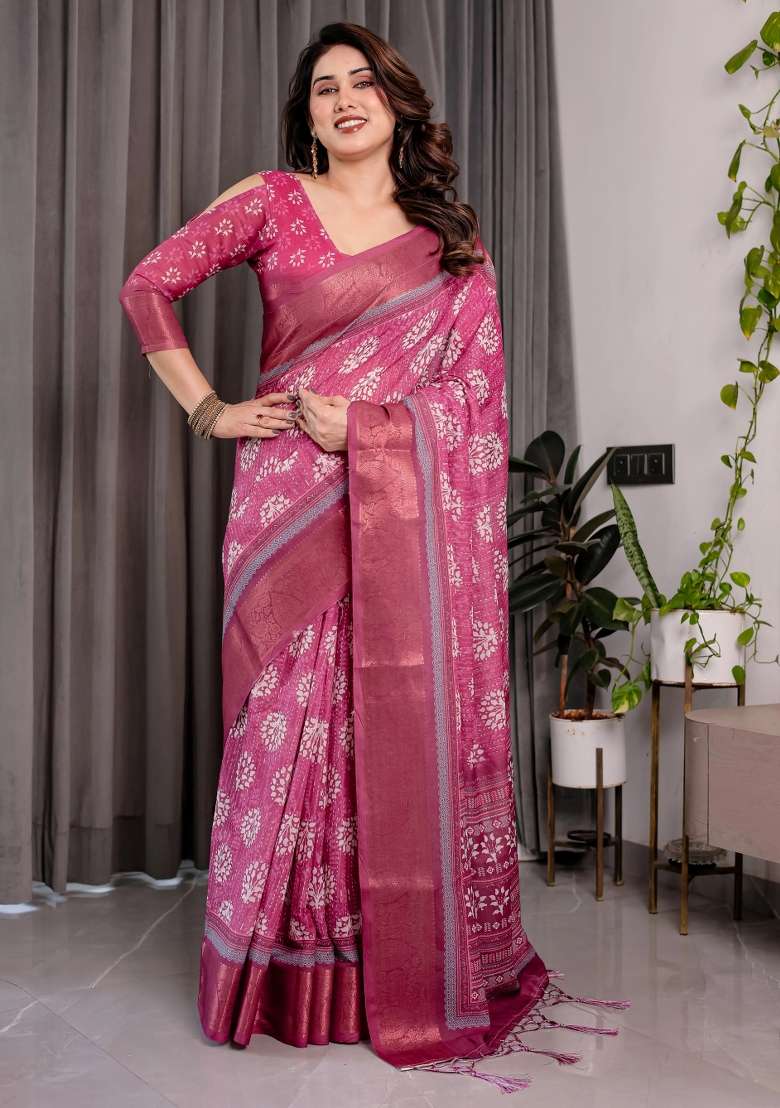 Pink Embroidered Linen Saree Set - Indya