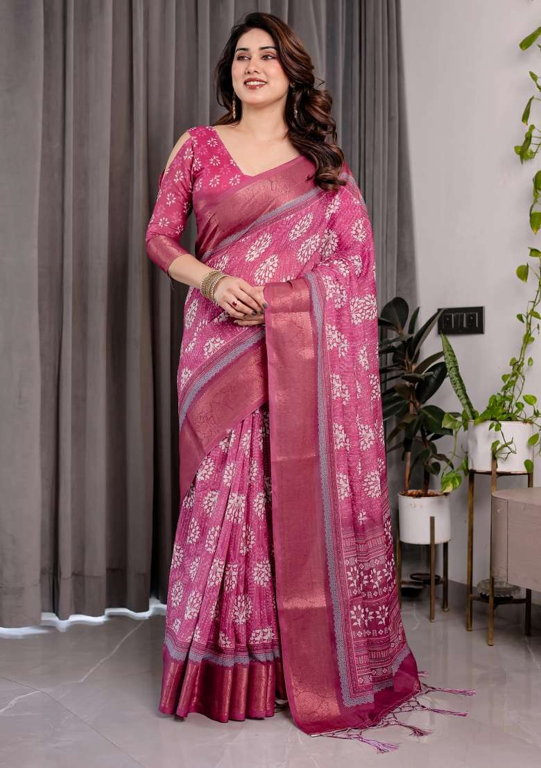 Pink Embroidered Linen Saree Set - Indya