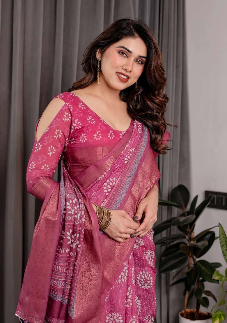 Pink Embroidered Linen Saree Set - Indya