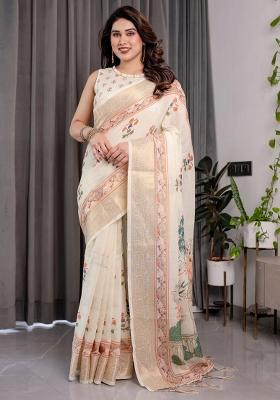Cream Embroidered Linen Saree Set
