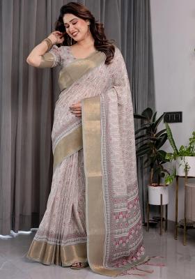 Pink Embroidered Linen Saree Set