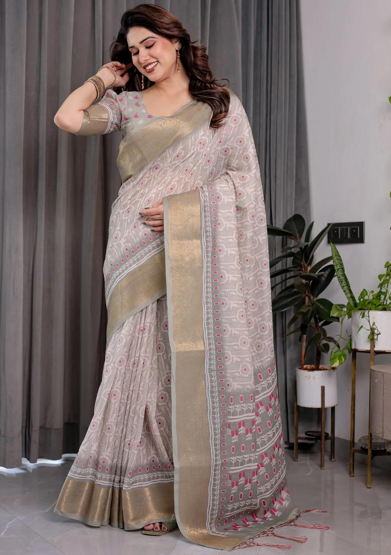 Pink Embroidered Linen Saree Set