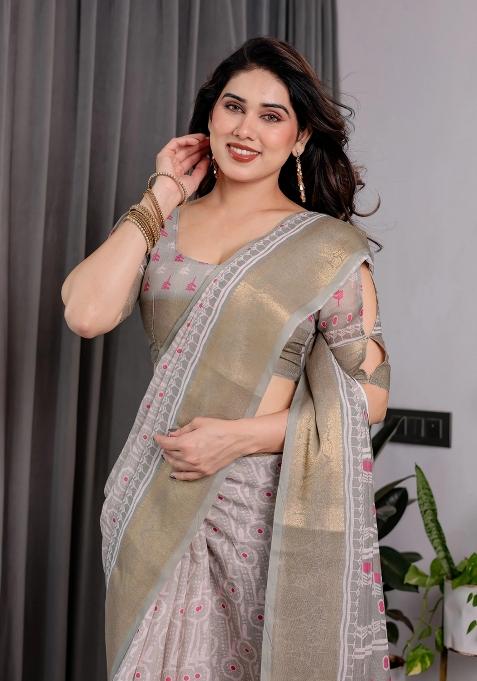 Pink Embroidered Linen Saree Set