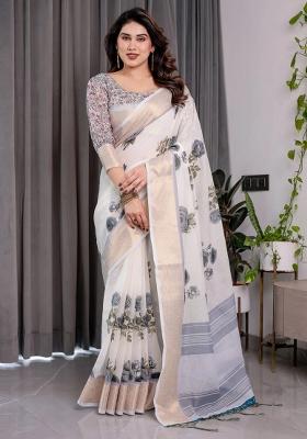 White Embroidered Linen Saree Set
