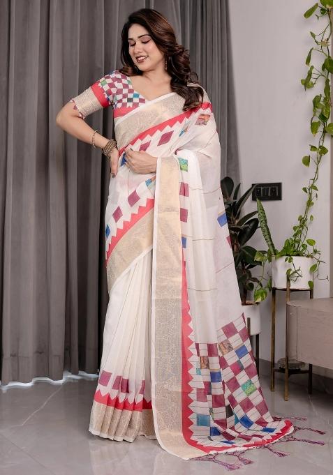White Embroidered Linen Saree Set