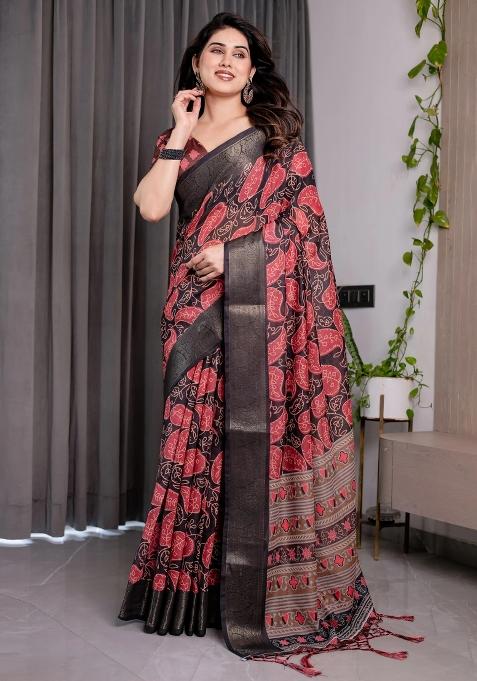 Rust Embroidered Linen Saree Set