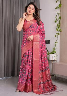 Pink Embroidered Linen Saree Set