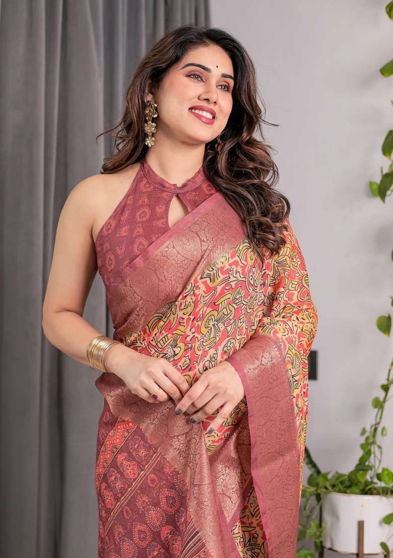 Blue Embroidered Linen Saree Set - Indya