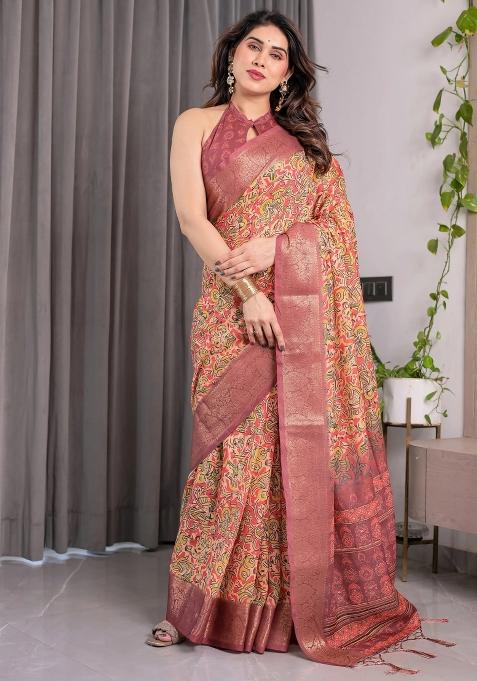 Blue Embroidered Linen Saree Set