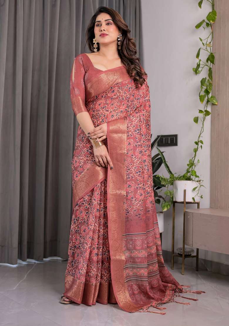 Maroon Embroidered Linen Saree Set - Indya