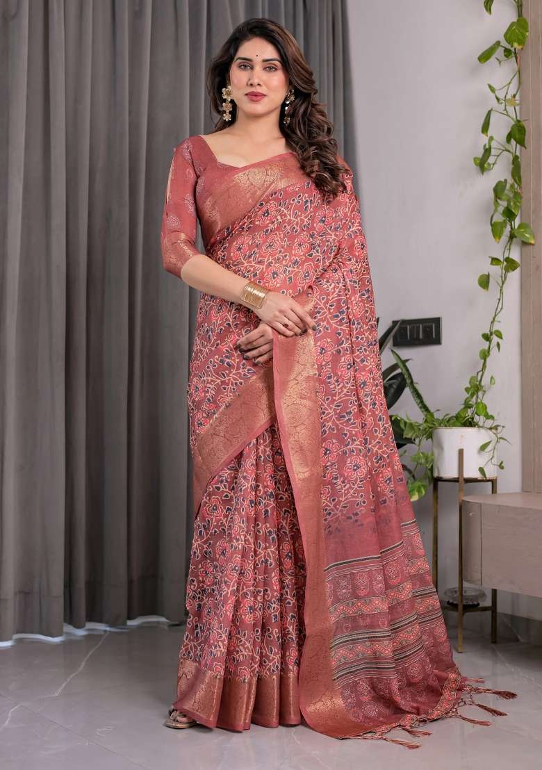 Maroon Embroidered Linen Saree Set - Indya