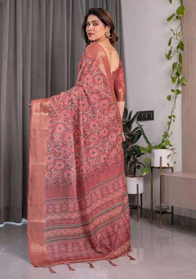 Maroon Embroidered Linen Saree Set - Indya