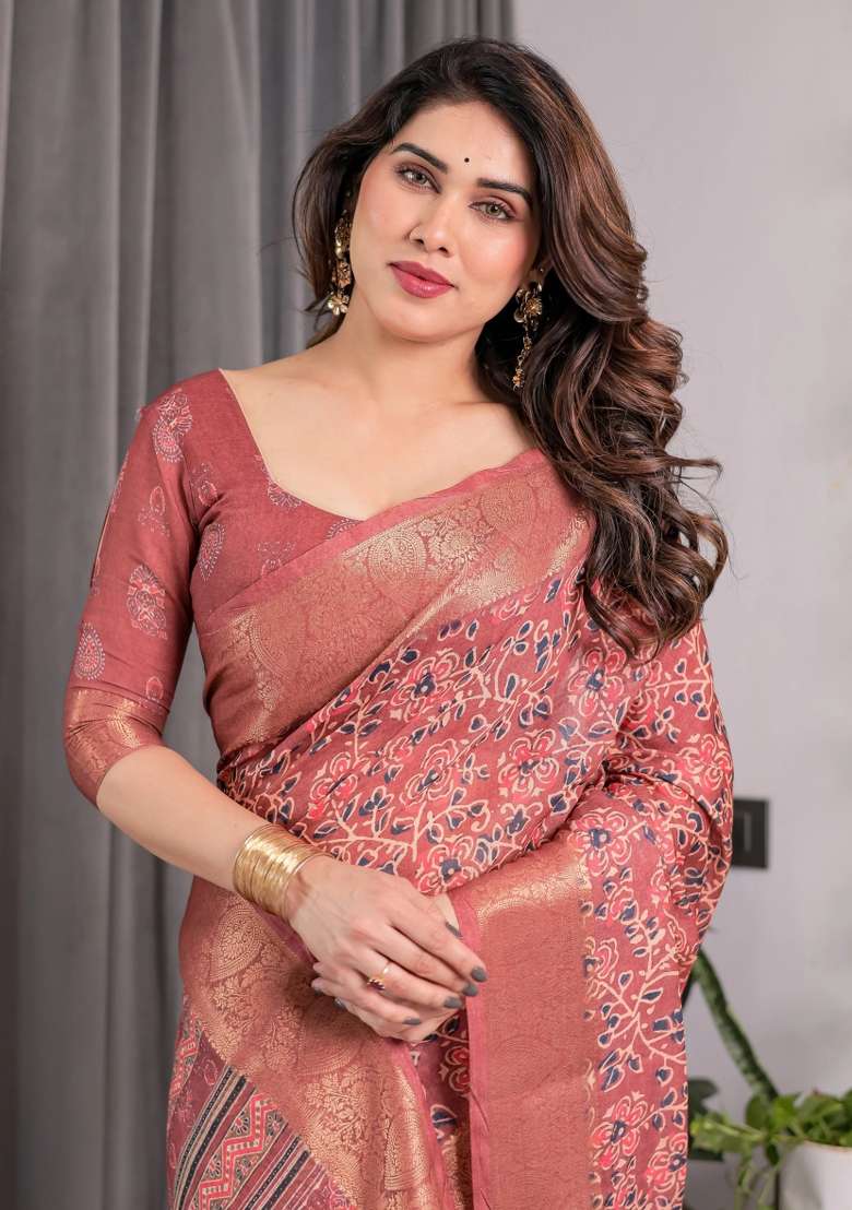 Maroon Embroidered Linen Saree Set - Indya