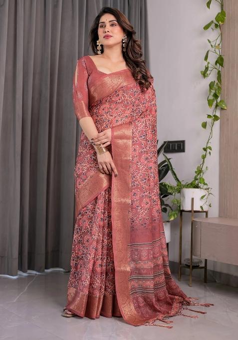 Maroon Embroidered Linen Saree Set