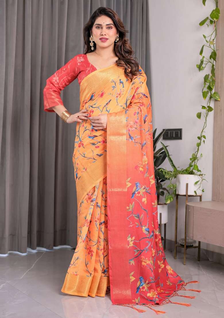 Orange Embroidered Linen Saree Set - Indya